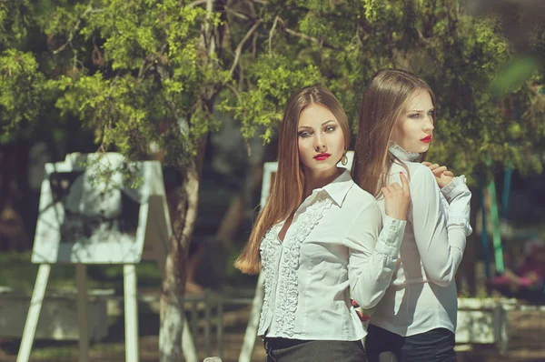 Zwei ernsthafte junge Frau mit langen Haaren und roten Lippen — Stockfoto