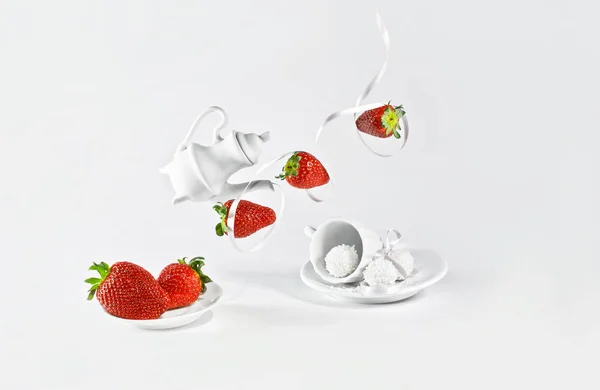 Flying strawberries with white ribbon. — Stock Photo, Image
