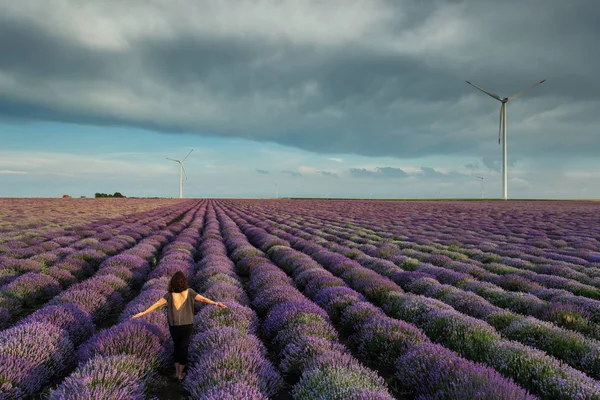 Landscape with happy and joyful woman in a lavander field — Stock Photo, Image