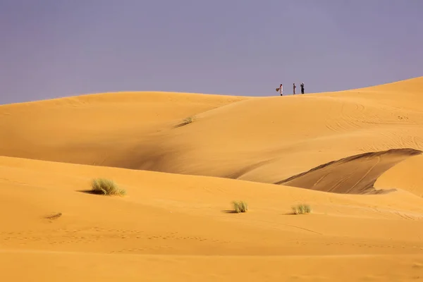 Três pessoas em cima de dunas no deserto do Saara com lindas linhagens — Fotografia de Stock
