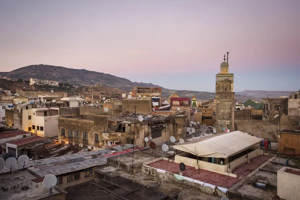 Veja Cidade Fez Medina Cima Pôr Sol Com Céu Rosa — Fotografia de Stock