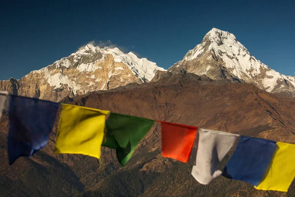 Budist Bayraklarıyla Poon Hill Den Gün Batımında Annapurna Nın Güneyine — Stok fotoğraf