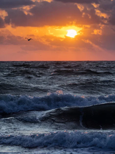 Fale Morza Wschodzie Słońca Kolorowymi Chmurami Tle Widok Pionowy — Zdjęcie stockowe