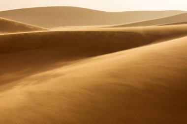 Sahara çöl güzel çizgiler ve renkler ile güneş doğarken. Merzouga, Fas