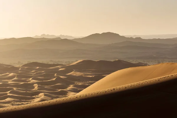 Wüste Sahara Mit Schönen Linien Und Farben Bei Sonnenaufgang Merzouga — Stockfoto