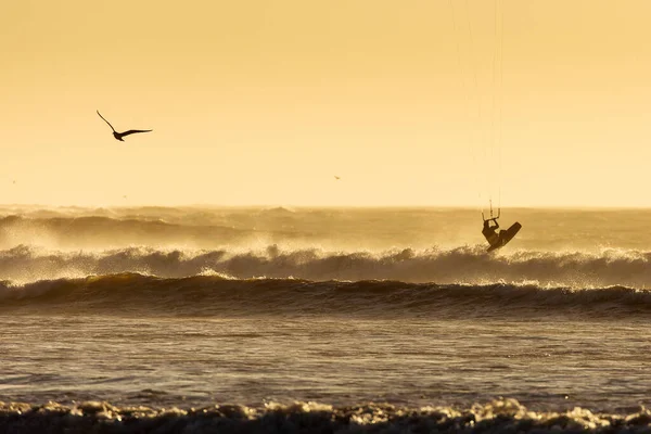 Silhoutte Kitesurfistas Disfrutando Grandes Olas Atardecer Essaouira Marruecos Hermoso Paisaje — Foto de Stock