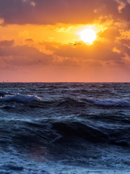 Волны Моря Восходе Солнца Разноцветными Облаками Заднем Плане Вертикальный Вид — стоковое фото