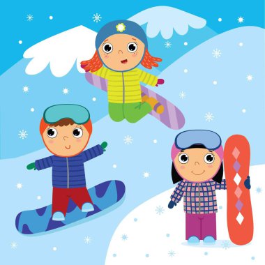 Çizgi film çocuk-snowboard, kış arka plan üzerinde şirin çocukları karakterler.