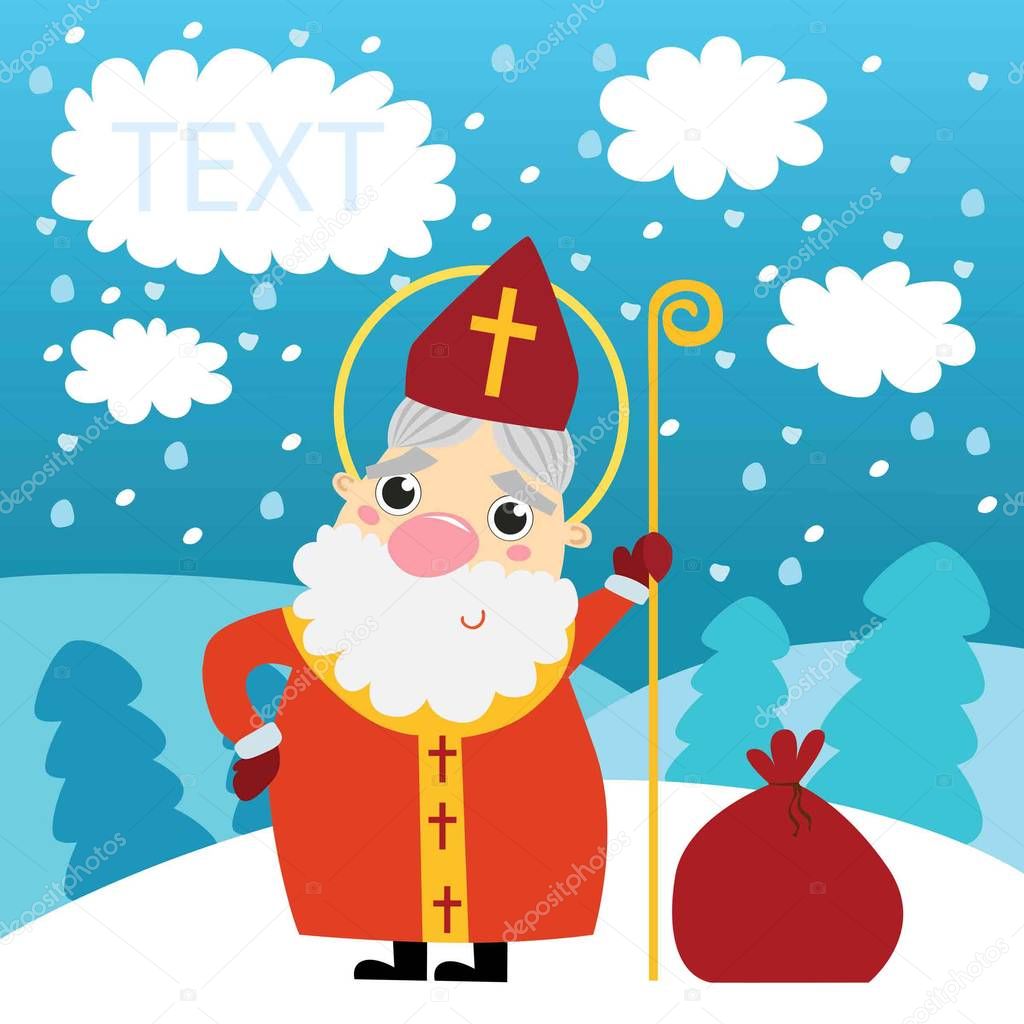 Christmas card, Saint Nicholas on winter background, template with space for text