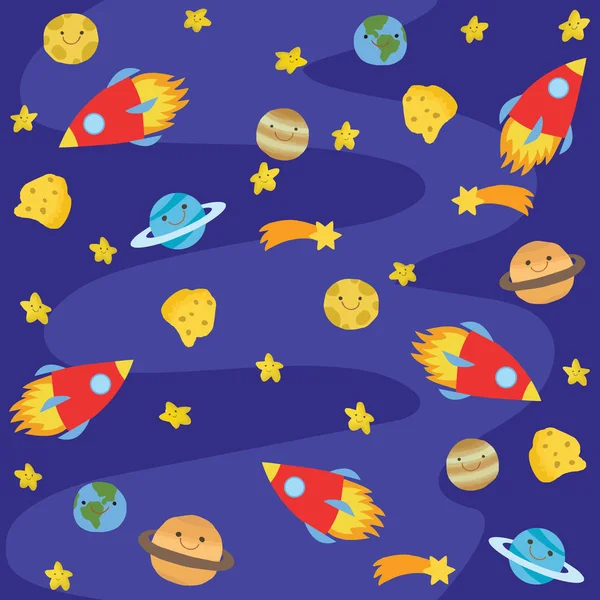 Roztomilý vektorové kreslení s planety, hvězdy, rakety, meteority, děti skica. — Stockový vektor