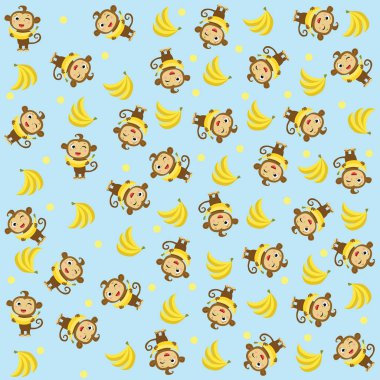 Muz ile çocuk desen maymun. Sevimli çizgi hayvan karakter. mavi arka plan. 