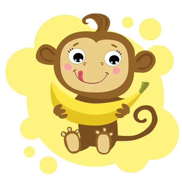 Обезьяна Бананом Симпатичный Персонаж Мультяшных Животных Желтый Фон Детская Иллюстрация — стоковый вектор