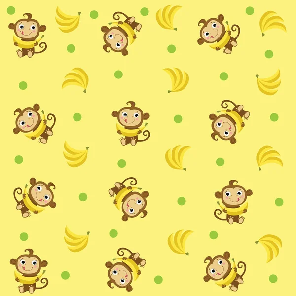 Children Pattern Monkey Banana Cute Cartoon Animal Character Yellow Background — Stock Vector