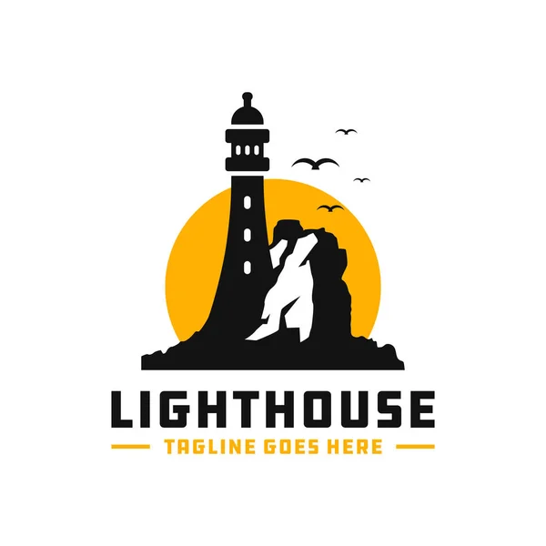Bir Kayanın Üzerinde Deniz Feneri Vektör Logosu Tasarımı — Stok Vektör