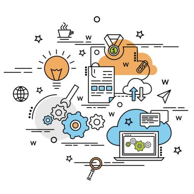 Düz renkli tasarım Seo kavramı. Infographic yaratıcı ürünler yapma fikri.