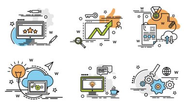 SEO anahat simgeler kümesi. Web sitesi, mobil, app tasarım ve baskı için renkli simgeler.