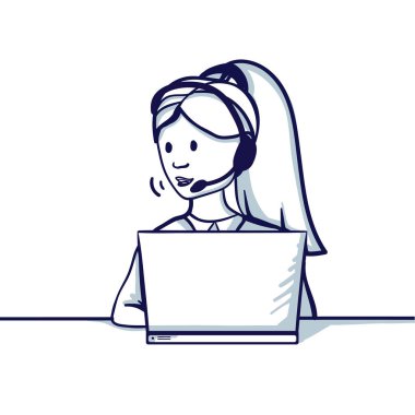 Kız laptop önünde masada oturuyor, müşteri destek hizmetleri. Elle çizilmiş doodle karikatür vektör çizim.