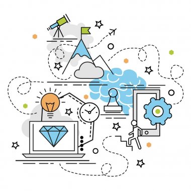 Düz renkli tasarım kavramı başlamak yukarıya. Infographic yaratıcı ürünler yapma fikri. Şablon Web sitesi afiş, el ilanı ve poster.