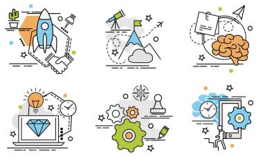 Başlangıç anahat simgeler kümesi. Web sitesi, mobil, app tasarım ve baskı için renkli simgeler.