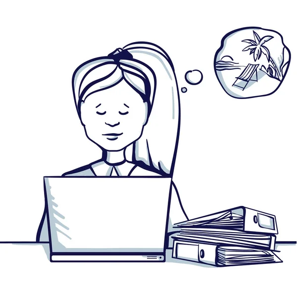 Onun laptop ve bir tatil hayalleri yanındaki masada oturan genç iş kadını. Elle çizilmiş doodle karikatür vektör çizim.