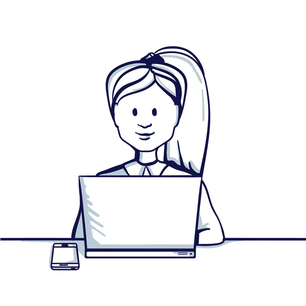 Mladá Podnikatelka Sedí Stolu Vedle Její Laptop Telefon Ručně Kreslenou — Stockový vektor