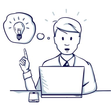 Masada oturan genç iş adamı onun laptop yanında o bir fikri yoktu. Elle çizilmiş doodle karikatür vektör çizim