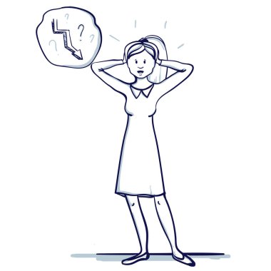 Genç iş kadını duruyor. O ellerini kafasına sahiptir. Başarısızlık, yenilgi, eğilim düşüş. Elle çizilmiş doodle karikatür vektör çizim