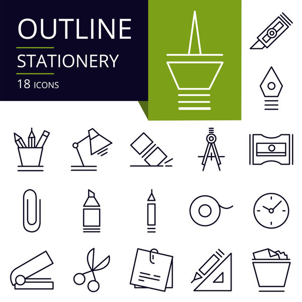 Set of outline icons of Stationery. Modern icons for website, mobile, app design and print.