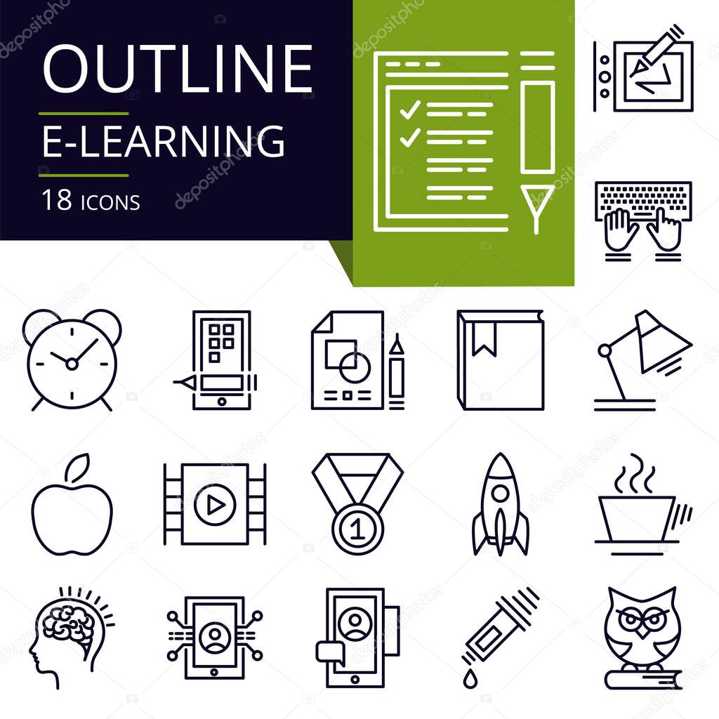 Set of outline icons of E-Learning. Modern icons for website, mobile, app design and print. 