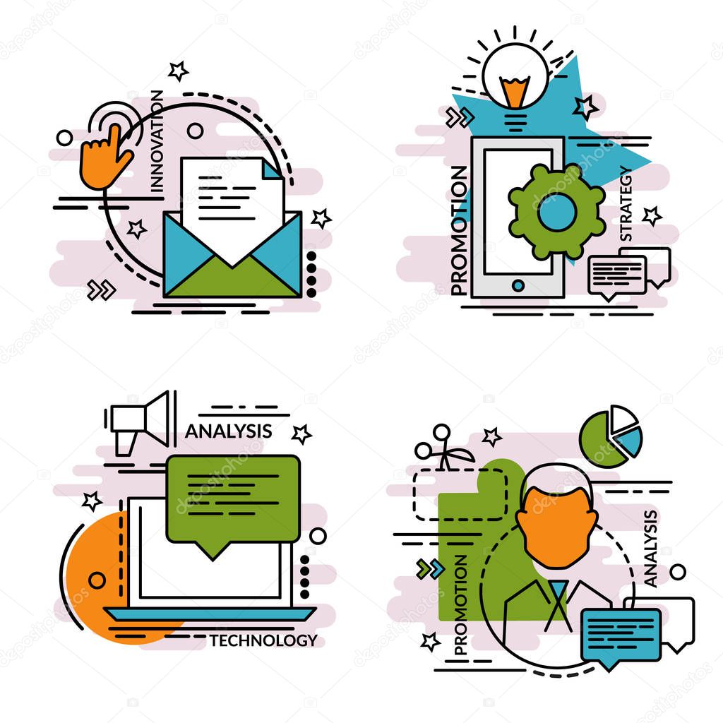  Set of outline icons of Marketing. Colorful icons for website, mobile, app design and print.