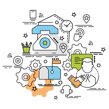 Düz renkli tasarım konsepti iletişim için. Infographic yaratıcı ürünler yapma fikri. Şablon Web sitesi afiş, el ilanı ve poster.