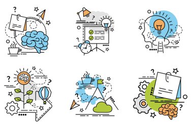 Fikir anahat simgeler kümesi. Web sitesi, mobil, app tasarım ve baskı için renkli simgeler.