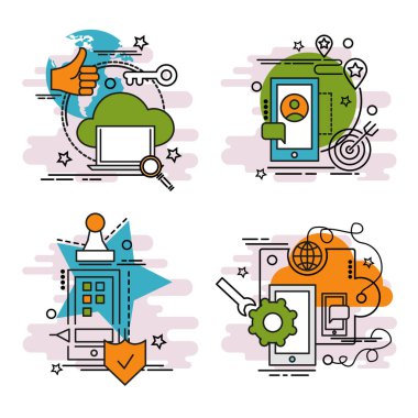 Mobile Technology anahat simgeler kümesi. Web sitesi, mobil, app tasarım ve baskı için renkli simgeler.