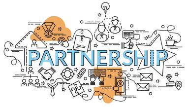 Düz renkli tasarım konsepti için ortaklık. Infographic yaratıcı ürünler yapma fikri. Şablon Web sitesi afiş, el ilanı ve poster.