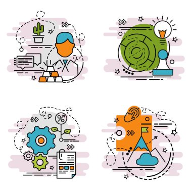 Strateji anahat simgeler kümesi. Web sitesi, mobil, app tasarım ve baskı için renkli simgeler. 