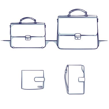 Bir işadamı için aksesuar seti: çanta, el çantası, notecase, çanta, cüzdan. Yalıtılmış nesne. Elle çizilmiş doodle karikatür vektör çizim.