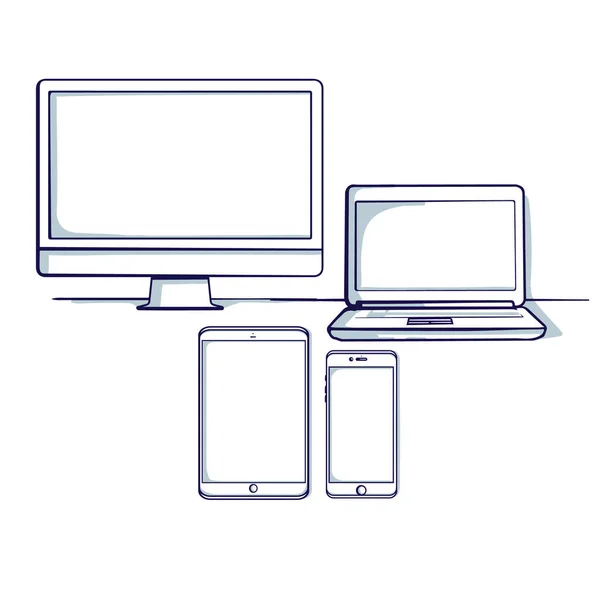 Set Diversi Computer Dispositivi Mobili Desktop Tablet Laptop Telefono Cellulare — Vettoriale Stock