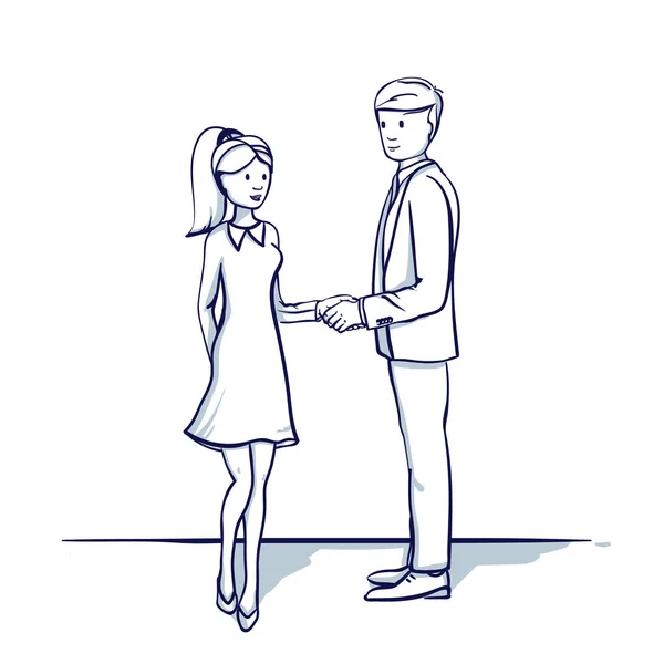 若いビジネス人 男性と女性が握手を交わしています 手描き落書き漫画のベクトル図 — ストックベクタ