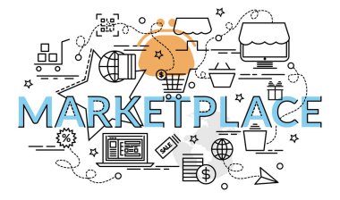 Düz renkli tasarım konsepti pazarı için. Infographic yaratıcı ürünler yapma fikri. Şablon Web sitesi afiş, el ilanı ve poster.