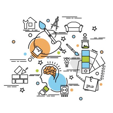 Düz renkli tasarım konsepti için iç tasarım. Infographic yaratıcı ürünler yapma fikri. Şablon Web sitesi afiş, el ilanı ve poster.