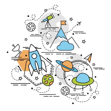 Uzay uçuşu için düz renkli tasarım konsepti. Infographic yaratıcı ürünler yapma fikri. Şablon Web sitesi afiş, el ilanı ve poster.