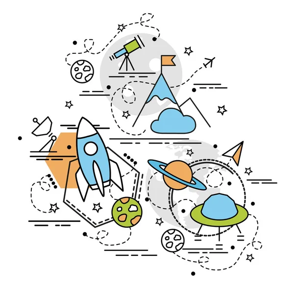 Uzay uçuşu için düz renkli tasarım konsepti. Infographic yaratıcı ürünler yapma fikri. Şablon Web sitesi afiş, el ilanı ve poster.