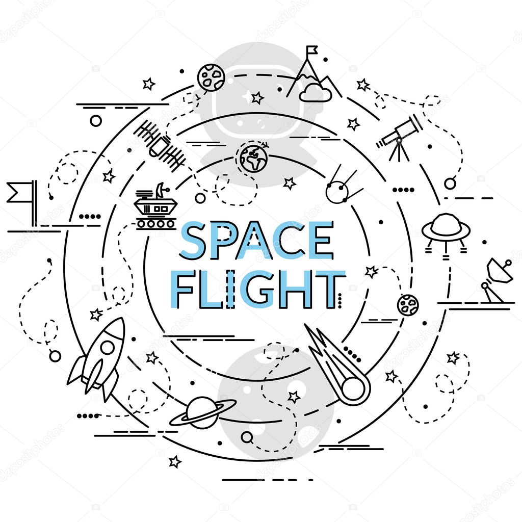 Flat colorful design concept for Space Flight. Infographic idea of making creative products. Template for website banner, flyer and poster.