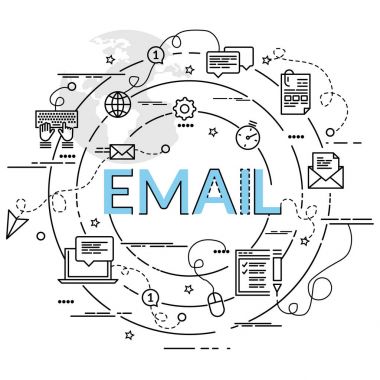 Düz renkli tasarım konsepti için e-posta. Infographic yaratıcı ürünler yapma fikri. Şablon Web sitesi afiş, el ilanı ve poster.