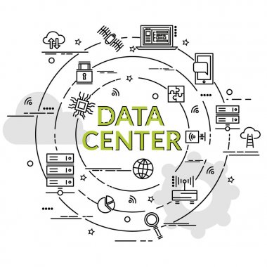 Düz renkli tasarım konsepti veri merkezi için. Infographic yaratıcı ürünler yapma fikri. Şablon Web sitesi afiş, el ilanı ve poster.