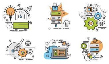 Veri merkezinin anahat simgeler kümesi. Web sitesi, mobil, app tasarım ve baskı için renkli simgeler.