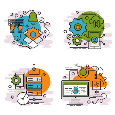 Siber saldırı anahat simgeler kümesi. Web sitesi, mobil, app tasarım ve baskı için renkli simgeler.