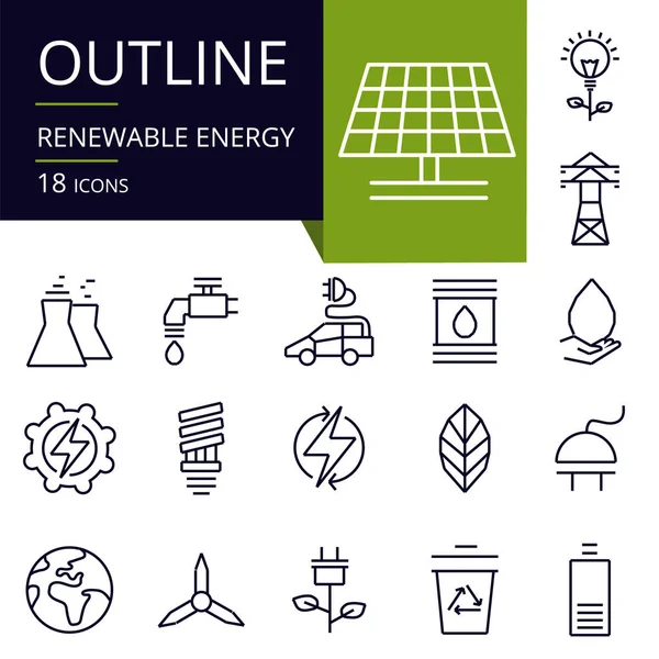 Set Outline Icons Renewable Energy Modern Icons Website Mobile App — Stock Vector