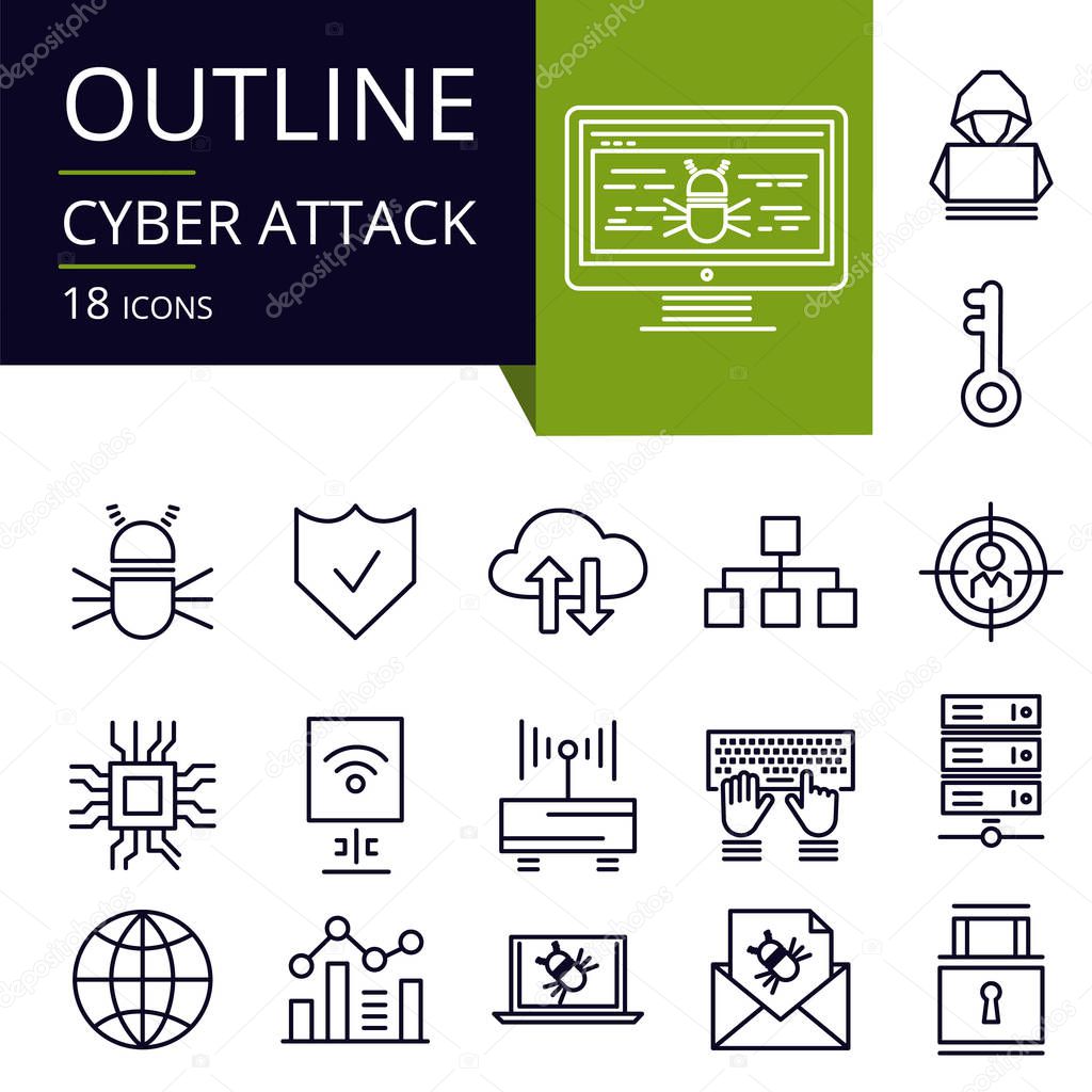 Set of outline icons of Cyber Attack. Modern icons for website, mobile, app design and print.