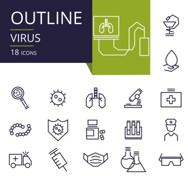 Virüs 'ün ana hatları, Covid-19. Web sitesi, cep telefonu, uygulama tasarımı ve yazdırma için modern simgeler.